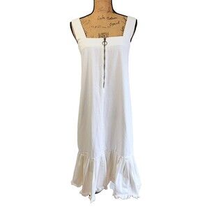 Weili Zheng White Denim Midi Dress Ring Zip Drop Waist Ruffle Pockets Sz XS